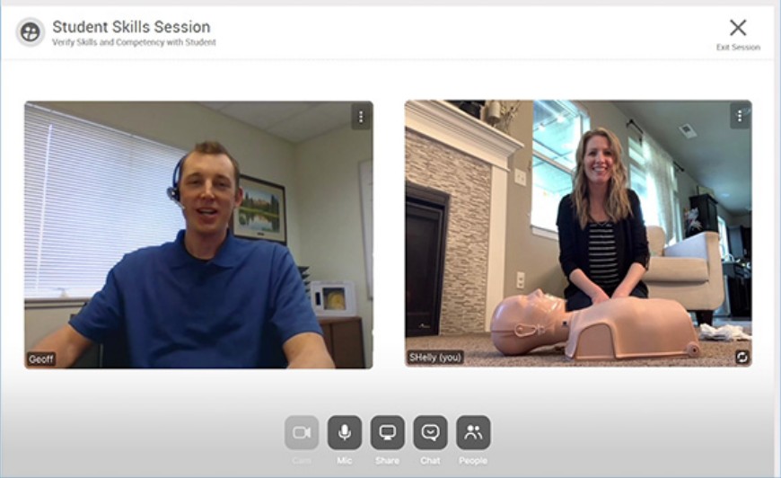 HSI Student Skills Session: an instructor verifies a student’s CPR skills over live video