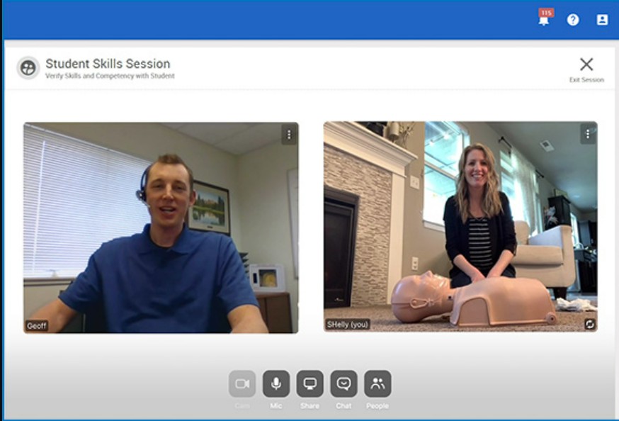 HSI Student Skills Session: an instructor verifies a student’s CPR skills over live video